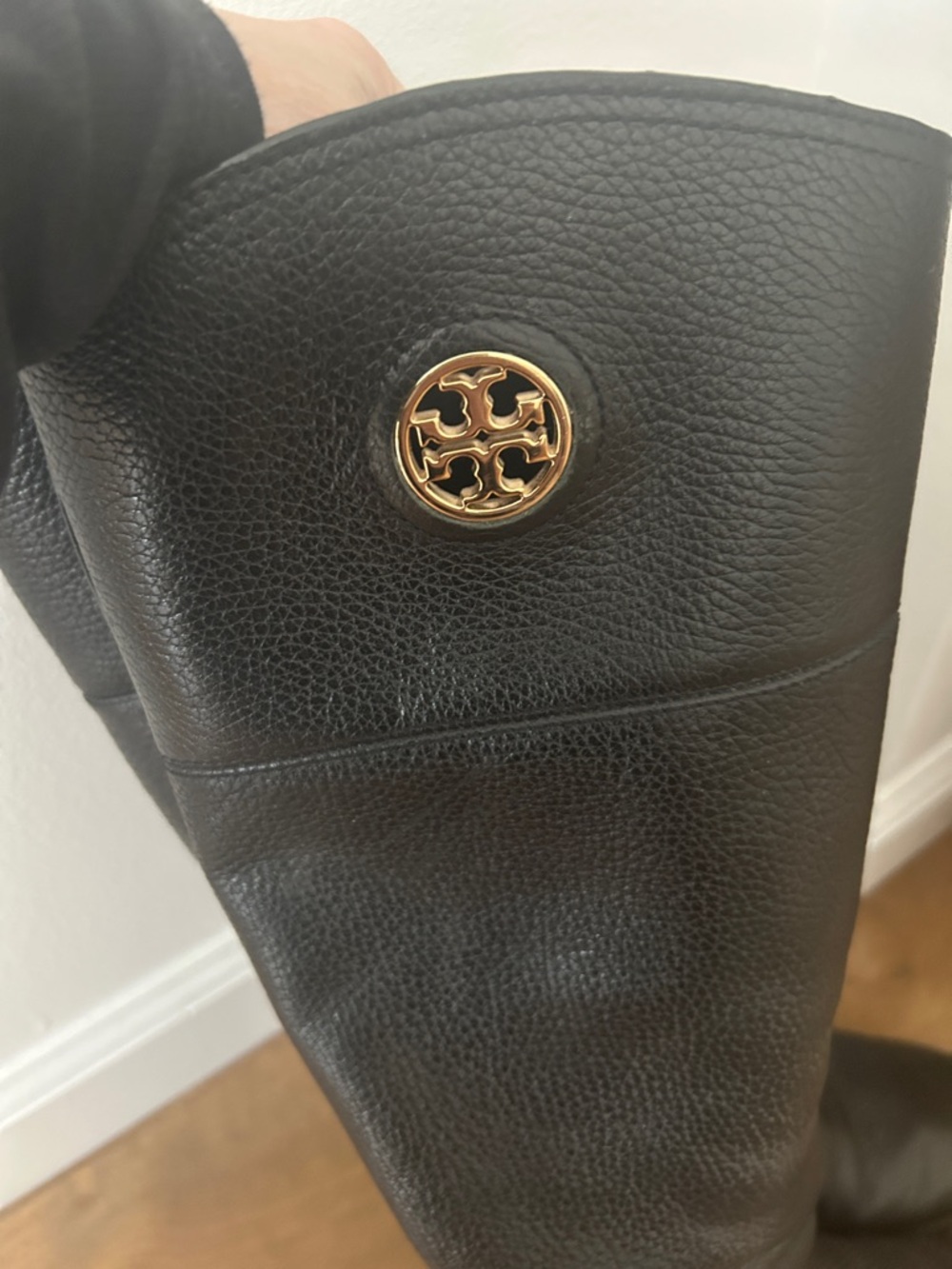 Tory Burch Black Leather Knee-High Boots with Gold Logo - Picture 2 of 4